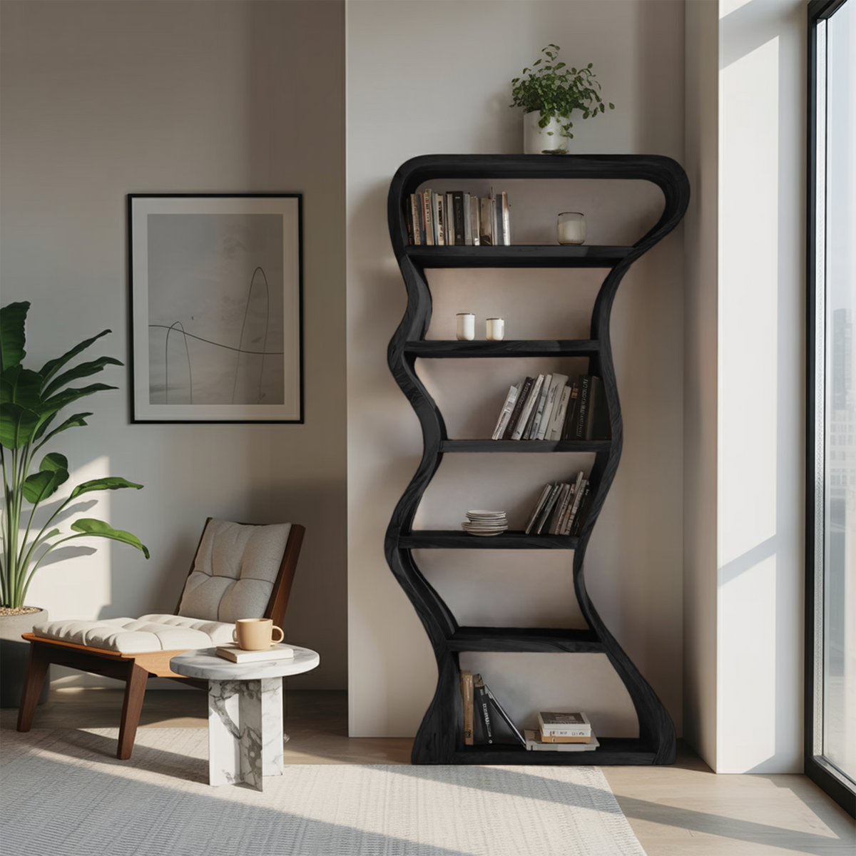 Organic Sculpture Wavy Bookshelf, solid wood, built to order, view 4
