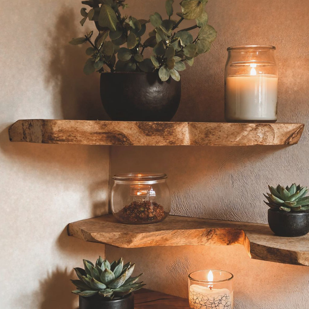 Live Edge Corner Bookshelf Decorations Wall, solid wood, built to order