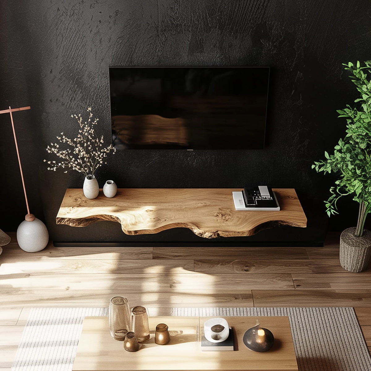 Handcrafted Floating TV Bench Living Room Decor, solid wood, built to order