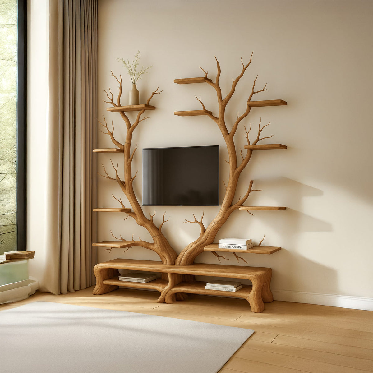 Midcentury TV Stand Tree Shelf Living Room, solid wood, built to order