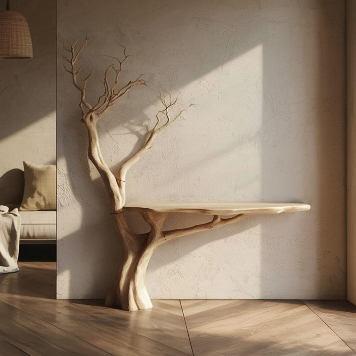 Rustic Console Table Sculpted Tree Hallway Entrance, solid wood, built to order