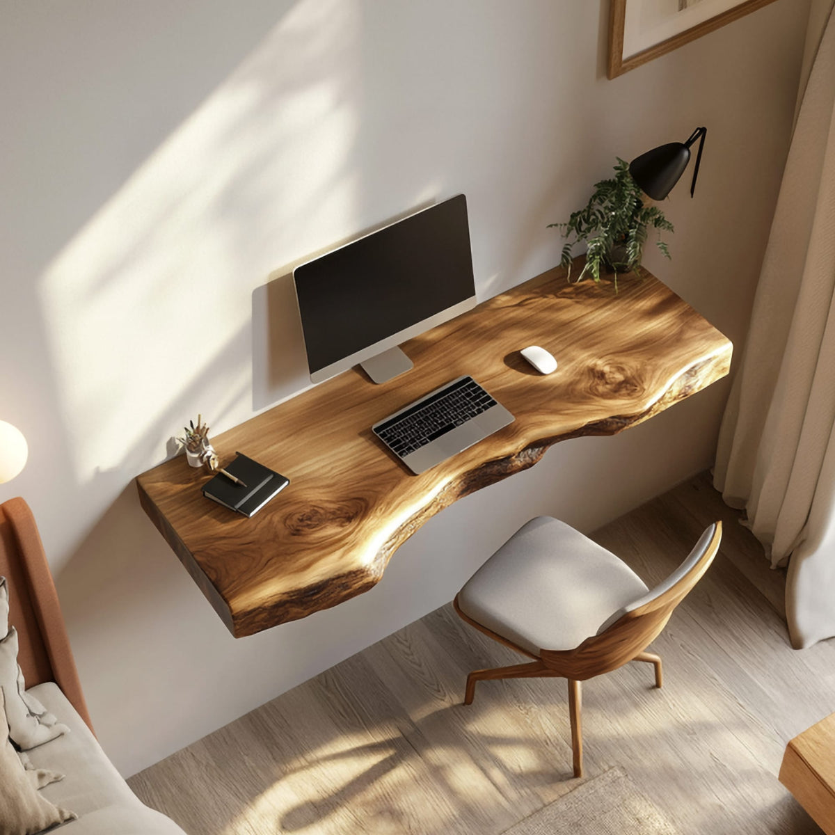 Handcrafted Live Edge Wall Desk Study Room Interior Design, solid wood, built to order