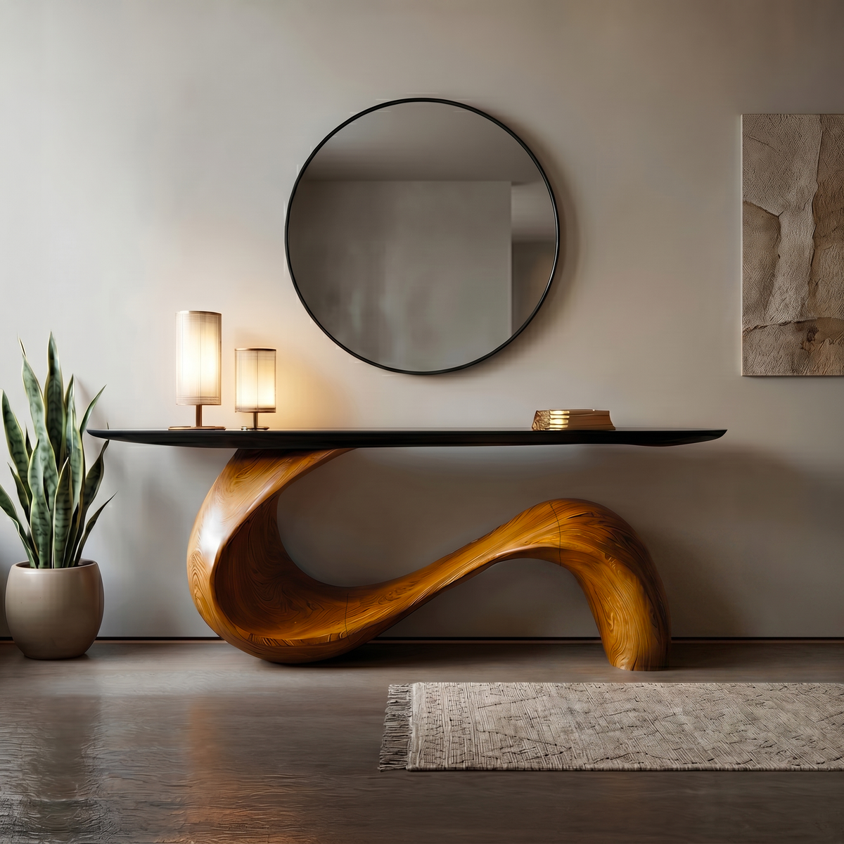 Midcentury Sculptural Console Table Entryway, solid wood, built to order