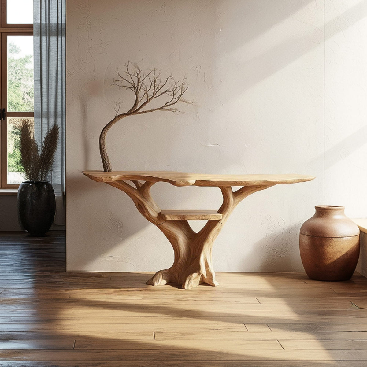 Mid Century Console Table Sculpted Wood Tree Hallway Entrance, solid wood, built to order