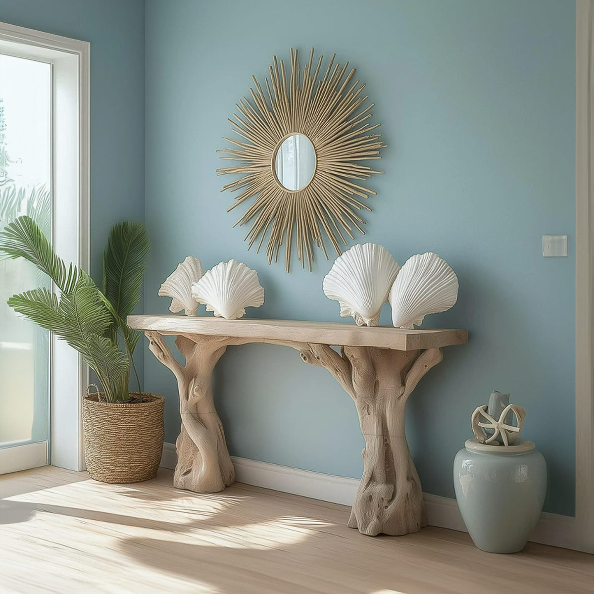 Beach Inspired Wooden Console Table Tree Form Design, solid wood, built to order