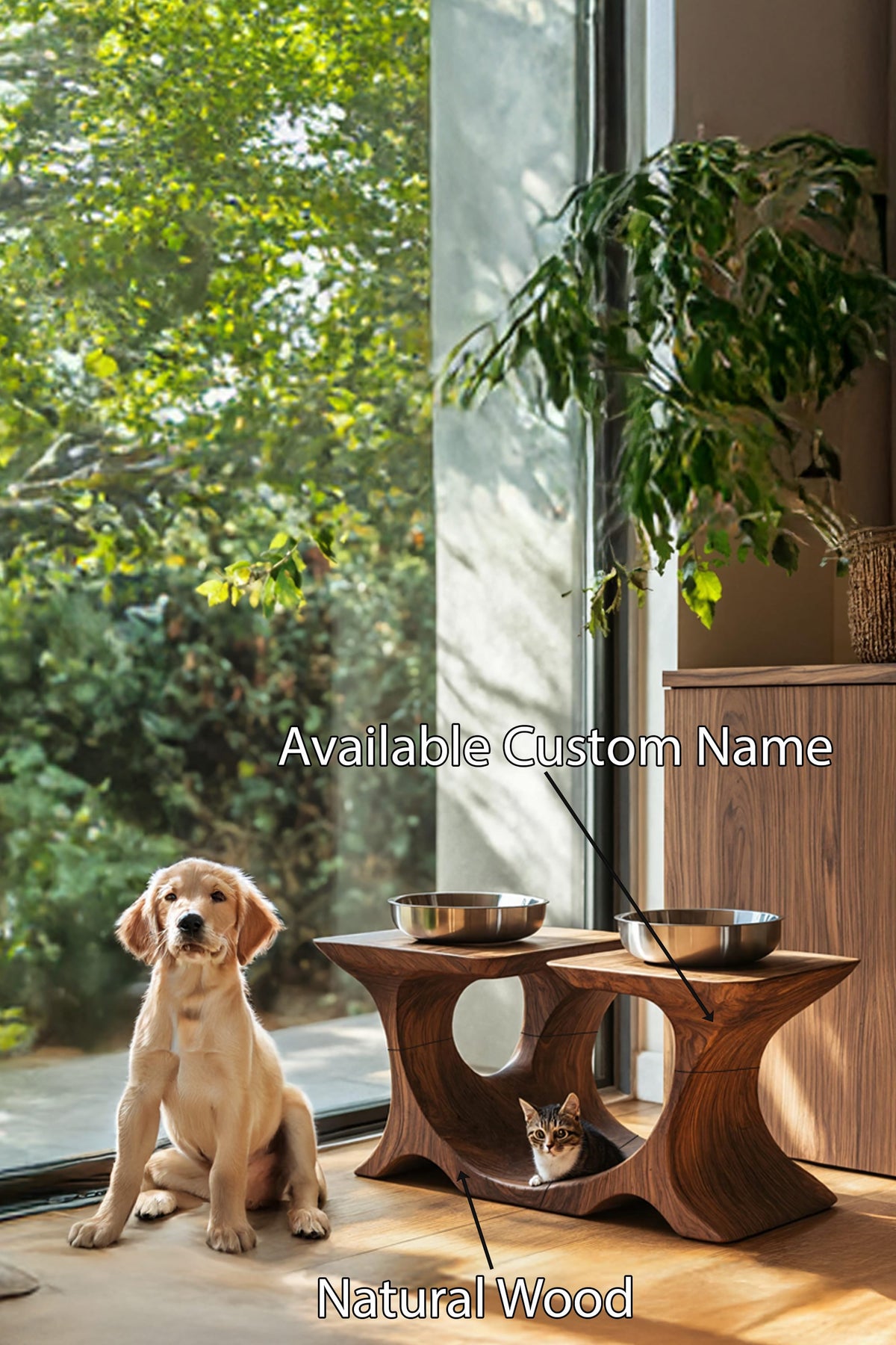 Mid Century Pet Feeding Stand, solid wood, built to order