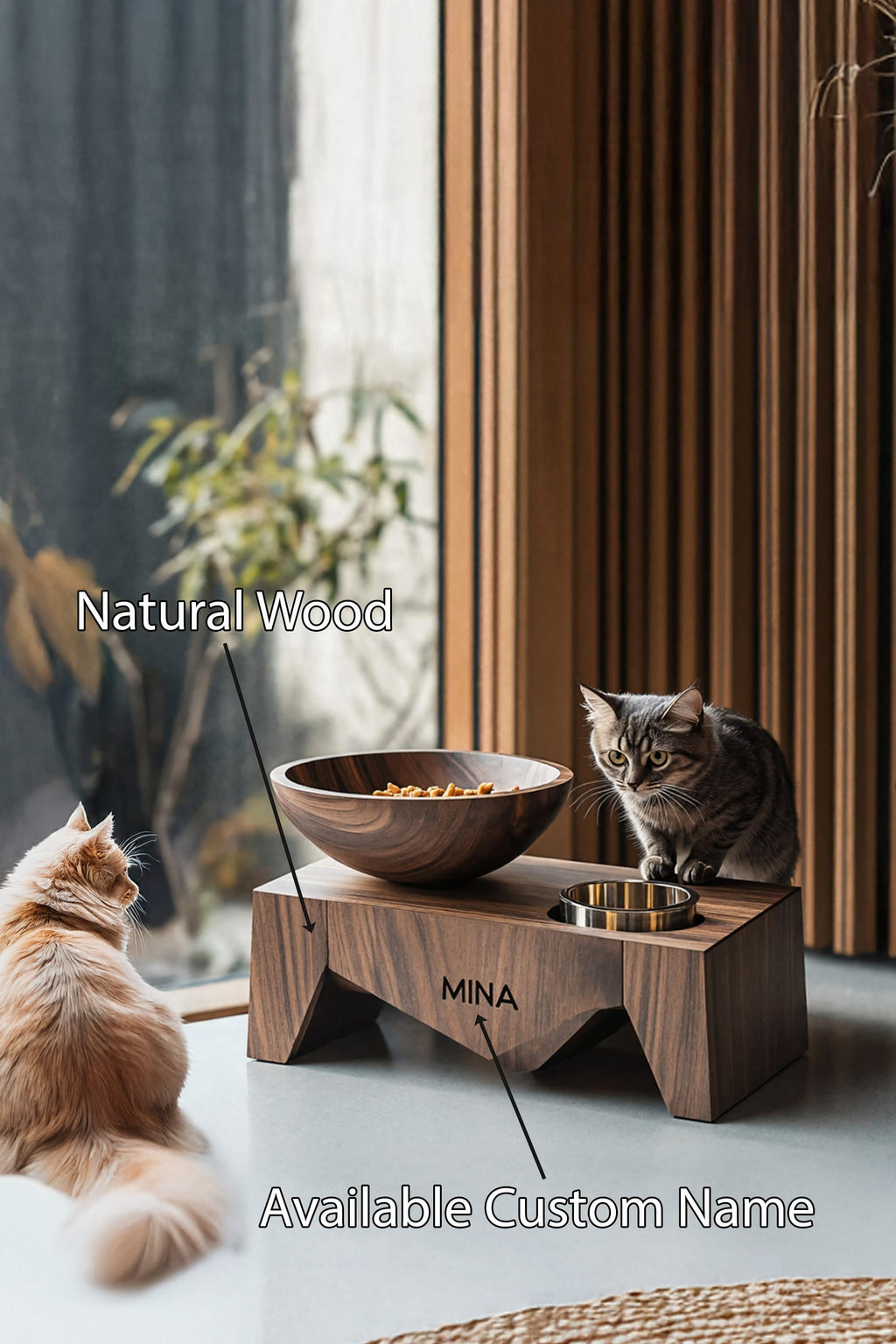 Mid Century Feeding Stand for Dog Food Station, solid wood, built to order
