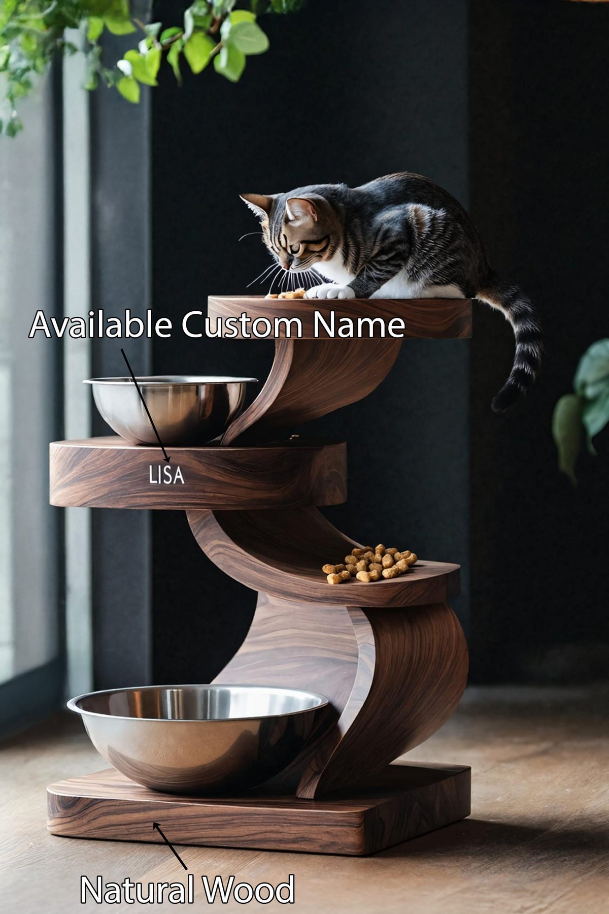 Mid Century Pet Food Bowl Stand, solid wood, built to order