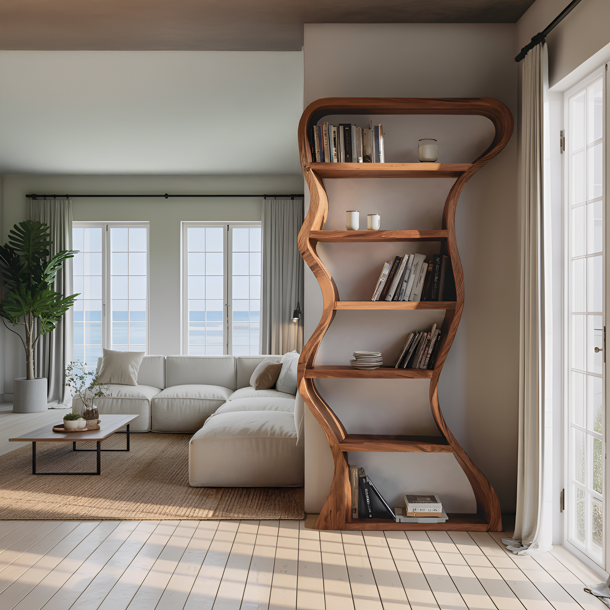 Organic Sculpture Wavy Bookshelf, solid wood, built to order, view 2
