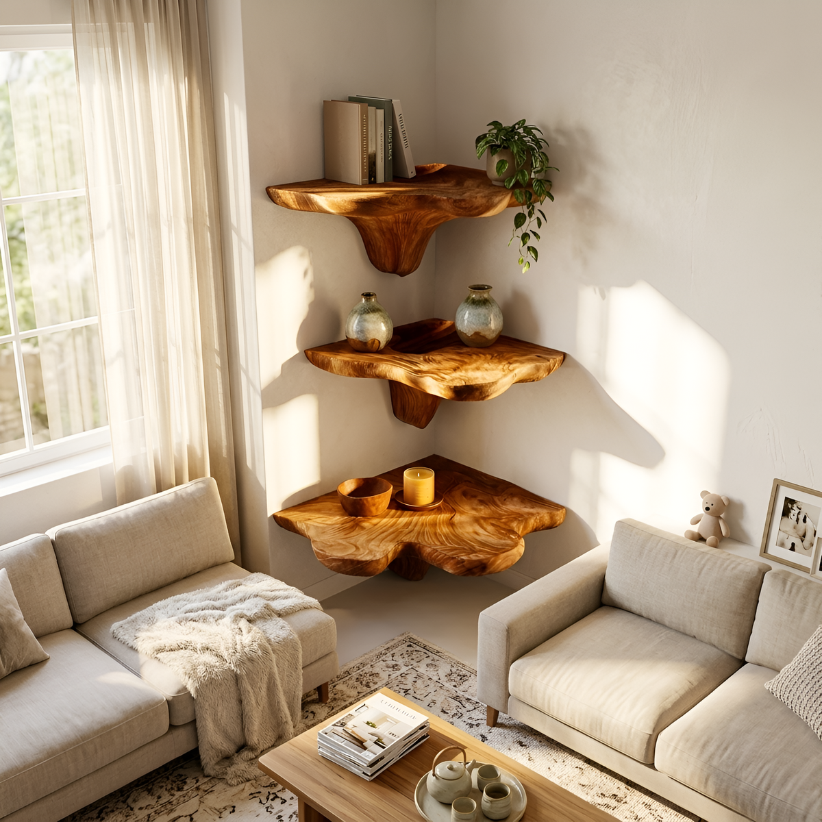 Farmhouse Live Edge Mushroom Shelf, solid wood, built to order, view 2