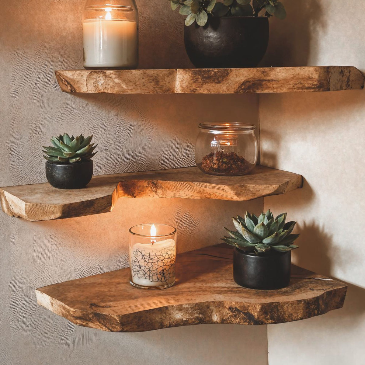 Live Edge Corner Bookshelf Decorations Wall, solid wood, built to order