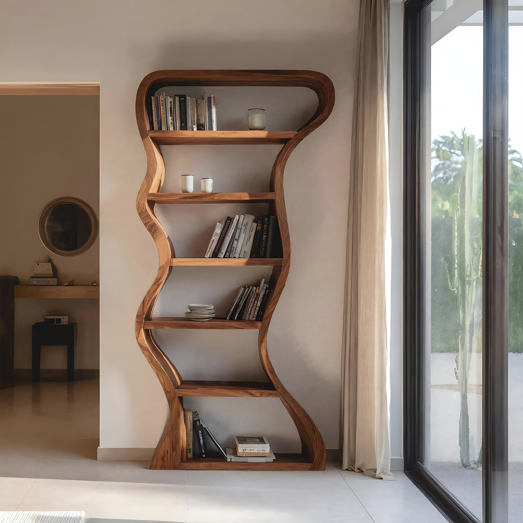 Organic Sculpture Wavy Bookshelf, solid wood, built to order