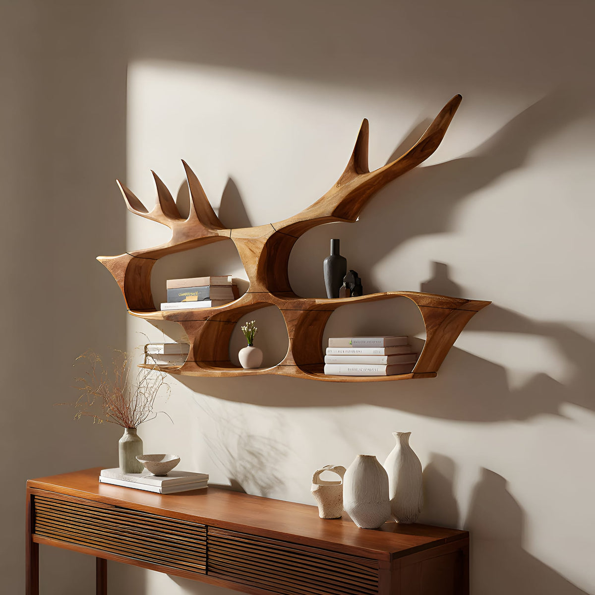 Mid Century Handcrafted Wall Mount Shelf, solid wood, built to order
