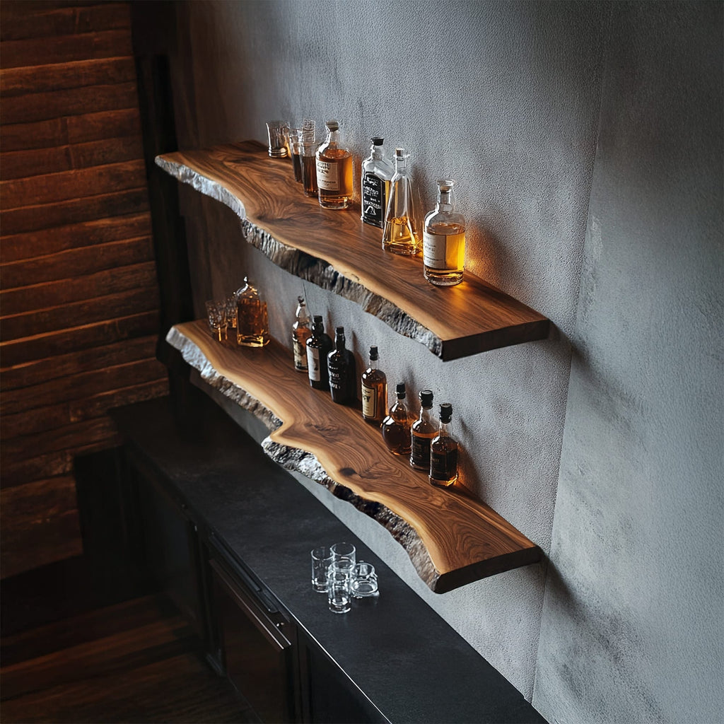 Handcrafted Live Edge Bar Shelf Dining Room Interior Storage, solid wood, built to order
