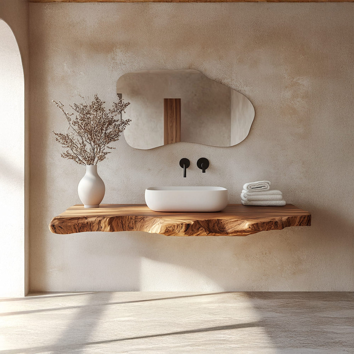 Contemporary Spa Bathroom Vanity Floating Live Edge Counter, solid wood, built to order