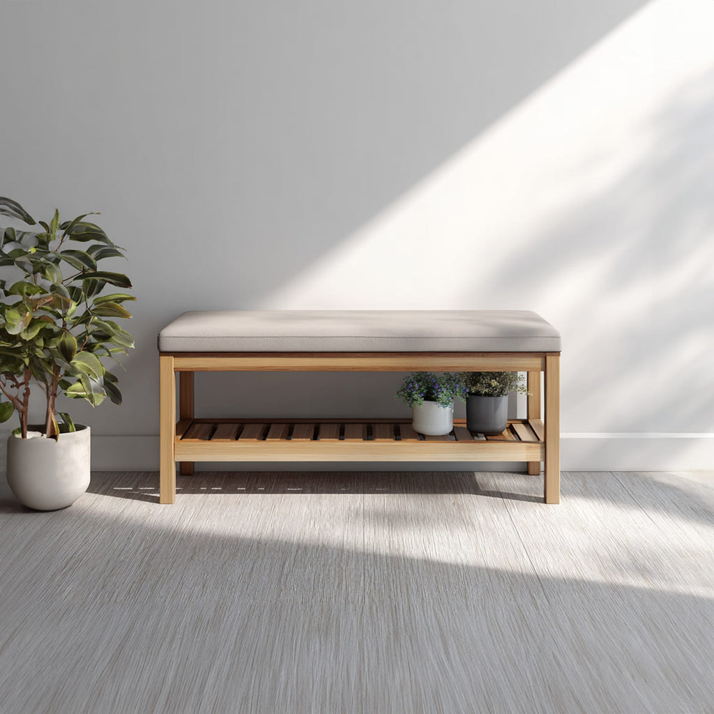 Midcentury Farmhouse Shoe Bench Entryway, solid wood, built to order