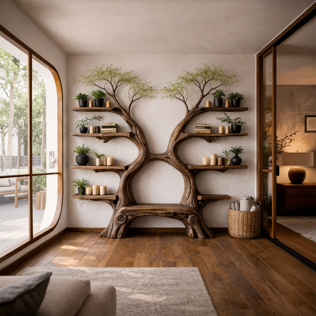 Rustic Twin Tree Bookshelf with Bench Living Room Interior Centerpiece, solid wood, built to order
