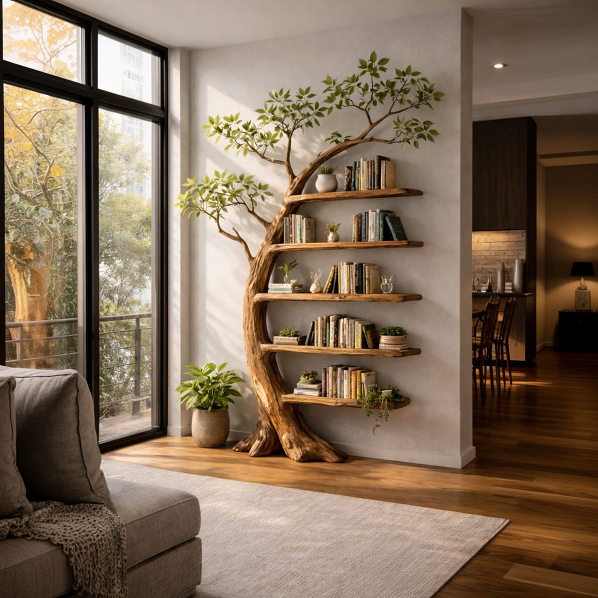 Handcrafted Tree Storage Bookcase Living Room, solid wood, built to order
