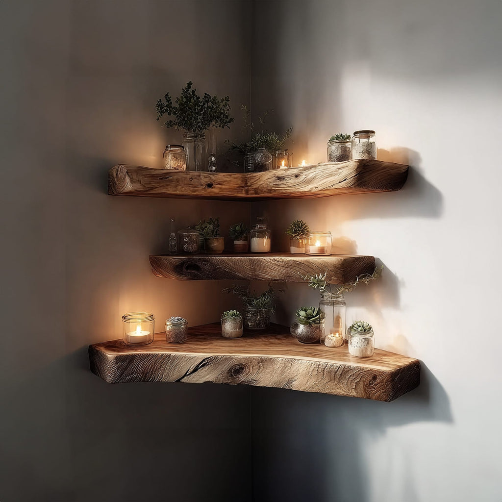 Mid Century Floating Corner Wall Shelf Modern Living Room, solid wood, built to order