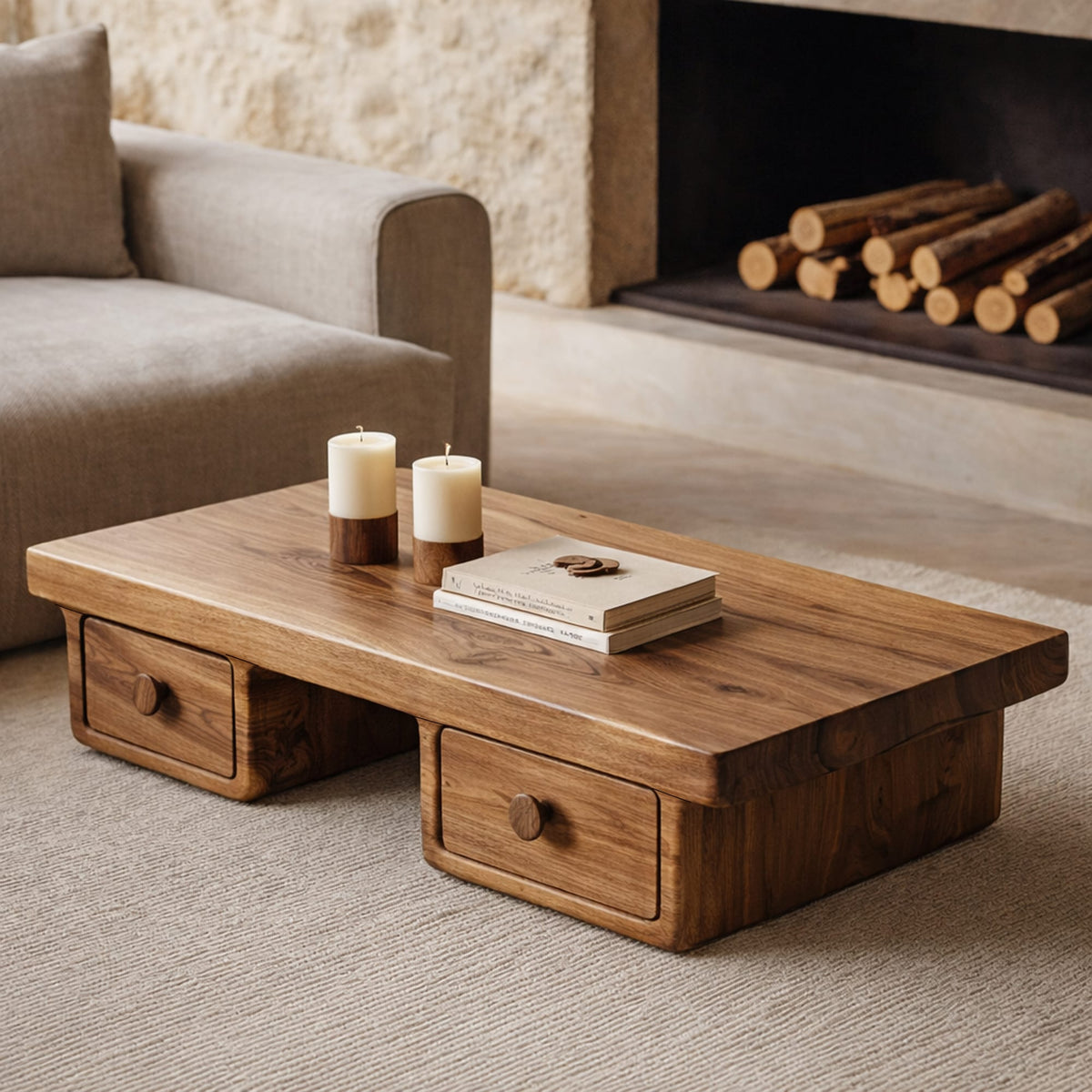 Compact Storage Solid Coffee Table Cozy Living Room Interior, solid wood, built to order