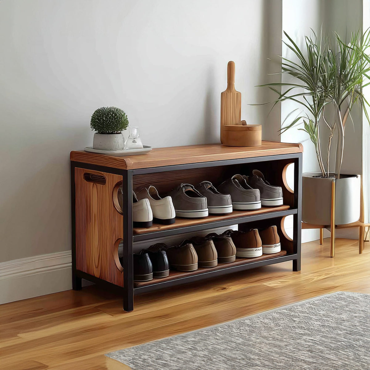 Midcentury Modern Shoe Bench Entryway, solid wood, built to order
