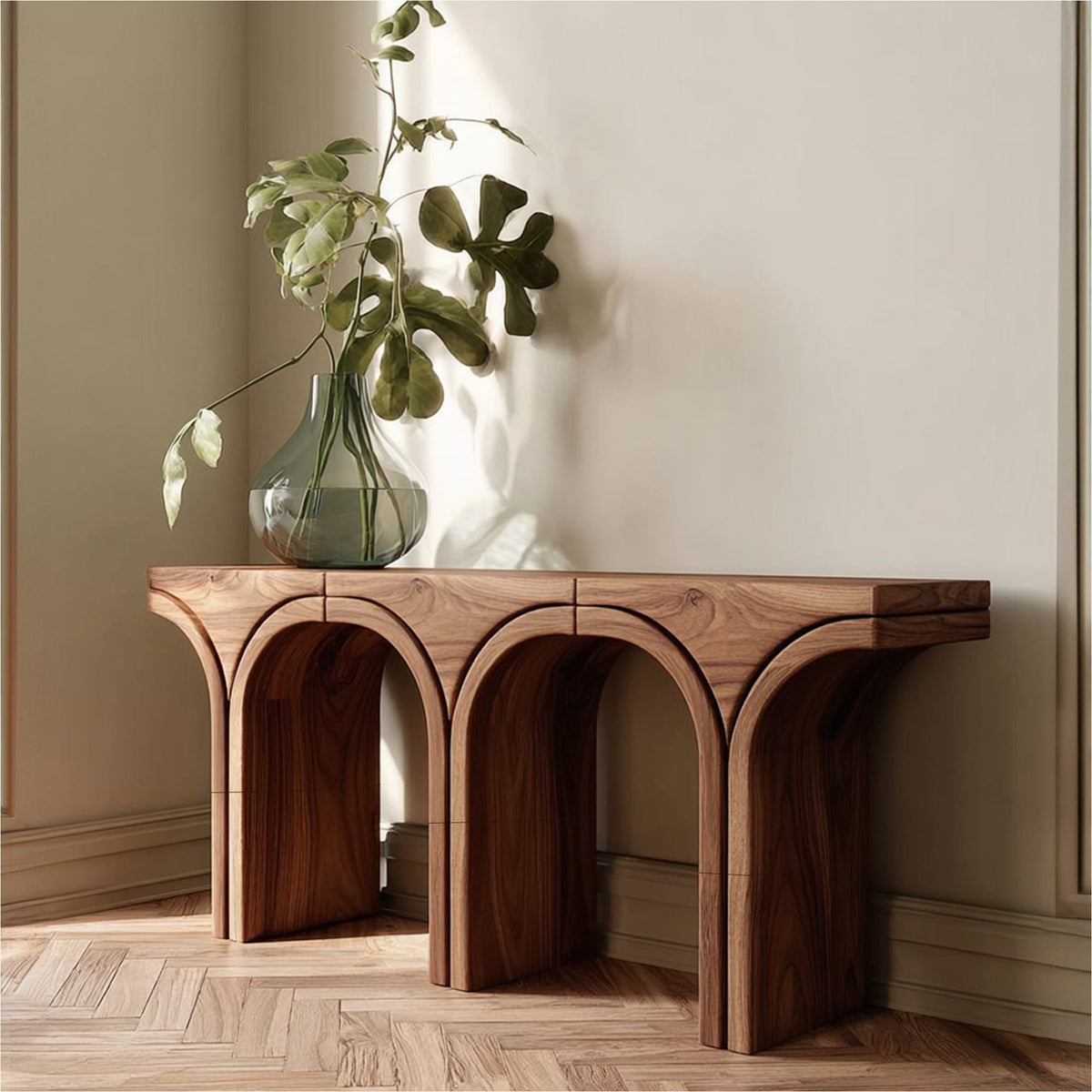 Mid Century Arch Console Table Living Room Entryway, solid wood, built to order