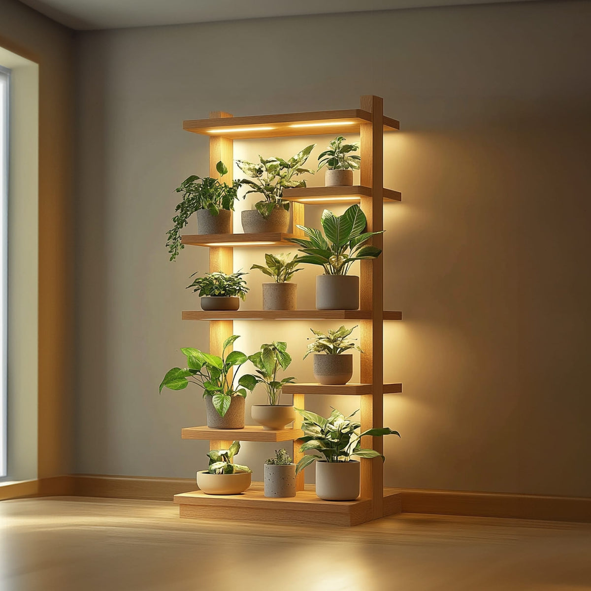 Mid Century Modern Plant Shelf Display Living Room, solid wood, built to order