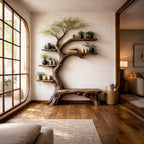 Rustic Tree Bookshelf Living Room Interior Signature Curved Design, solid wood, built to order