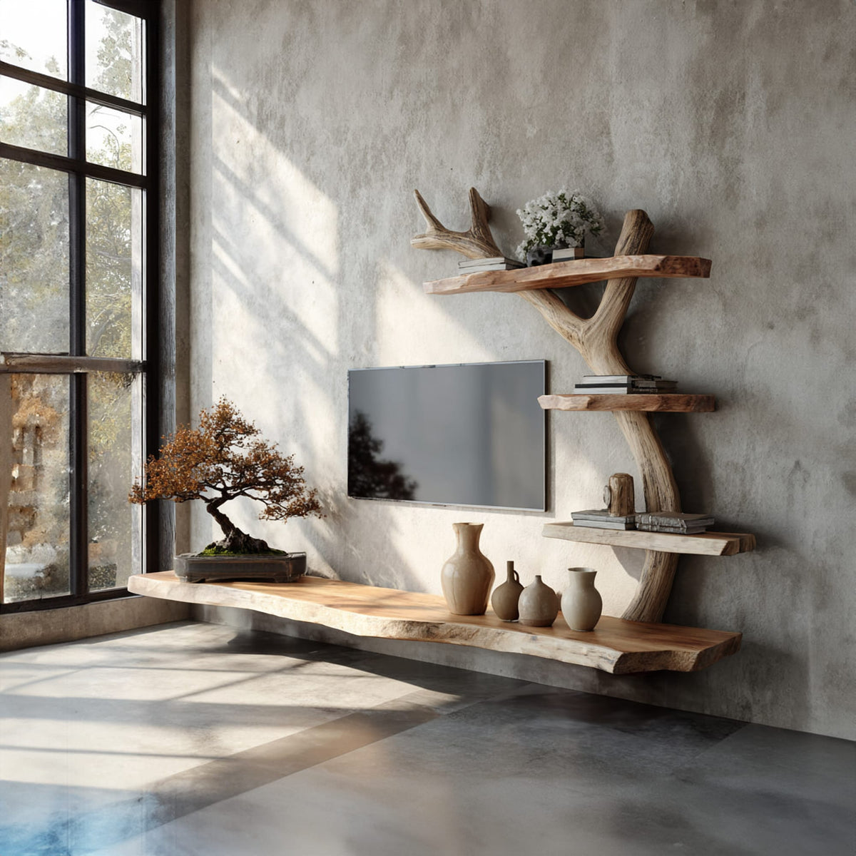 Rustic Branch TV Stand Living Room, solid wood, built to order