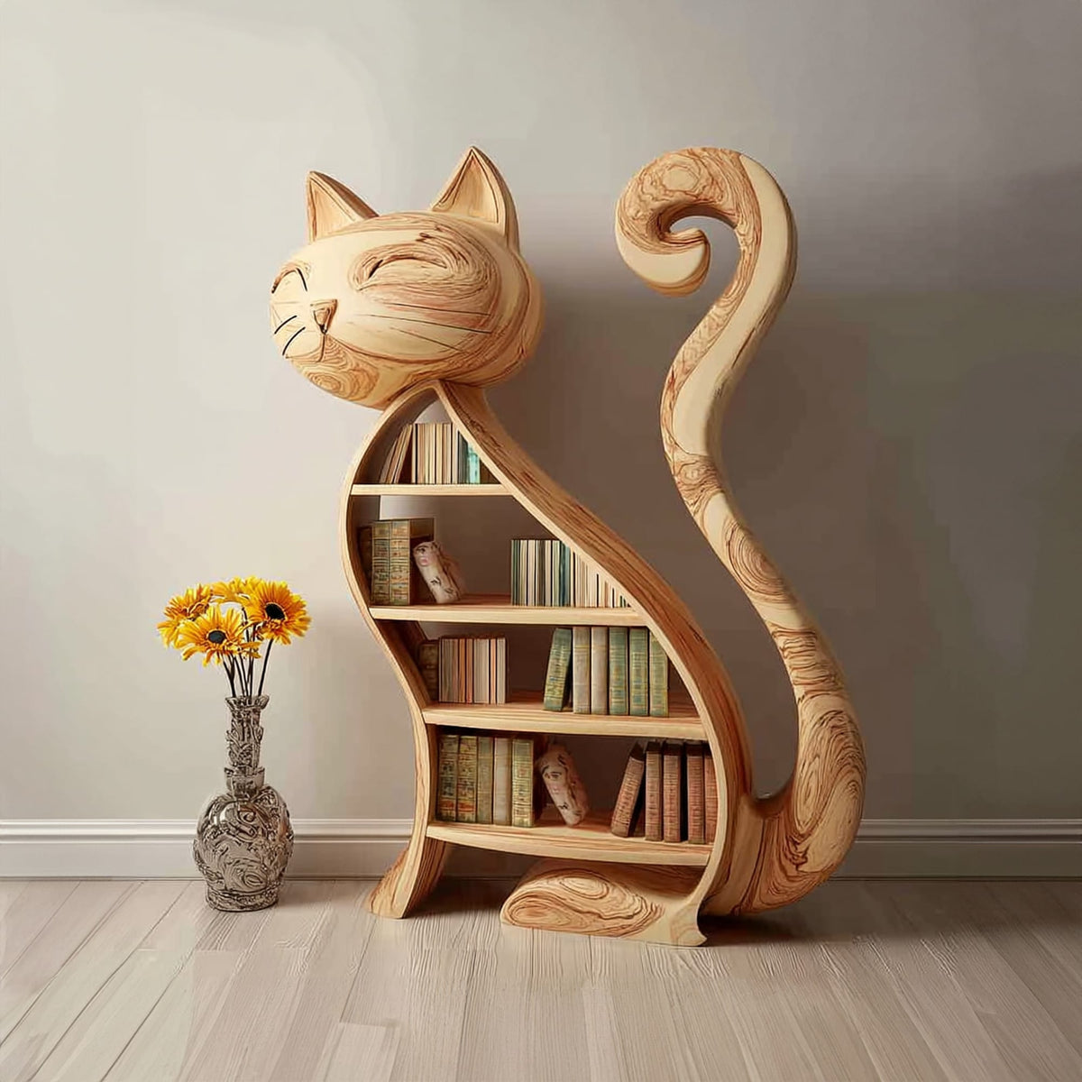 Rustic Cat Bookshelf Playroom Kids Storage Display, solid wood, built to order
