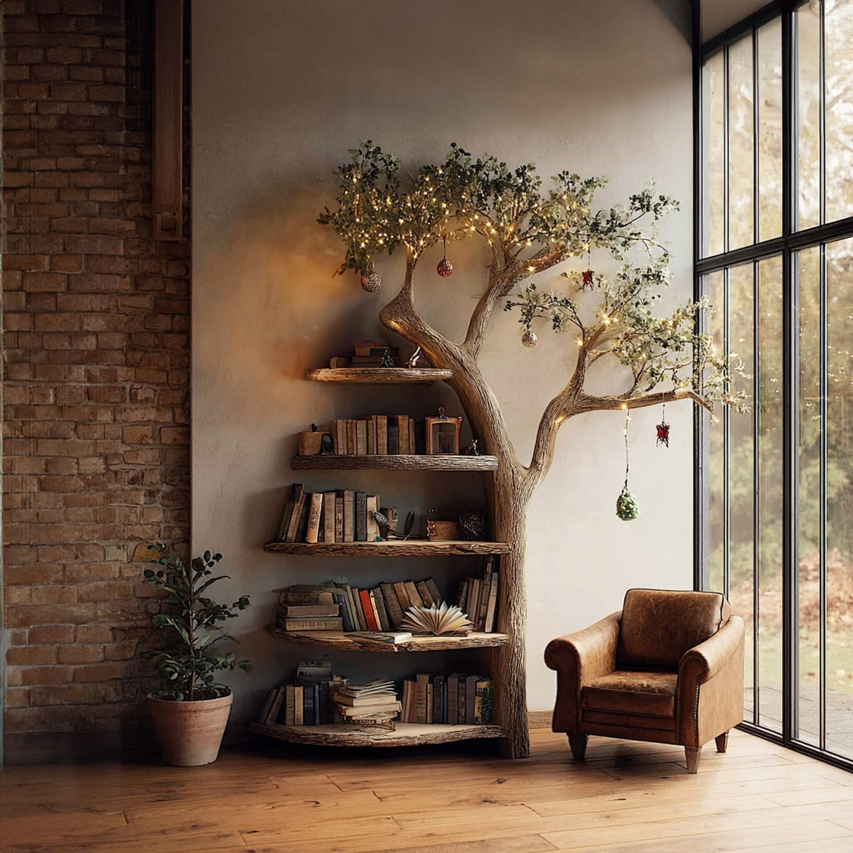 Rustic Branch Bookshelf Living Room Cozy Space, solid wood, built to order