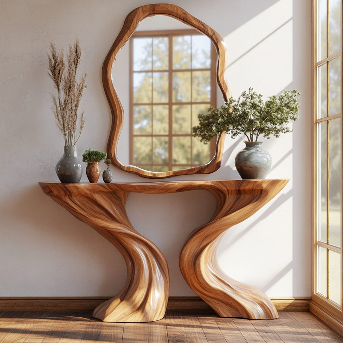 Mid Century Console Table Sculpted Wave Base Living Room, solid wood, built to order