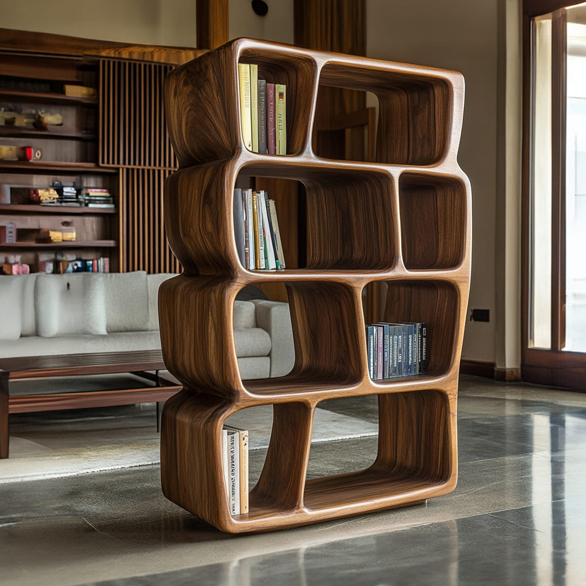 Mid Century Sculptural Bookshelf, solid wood, built to order