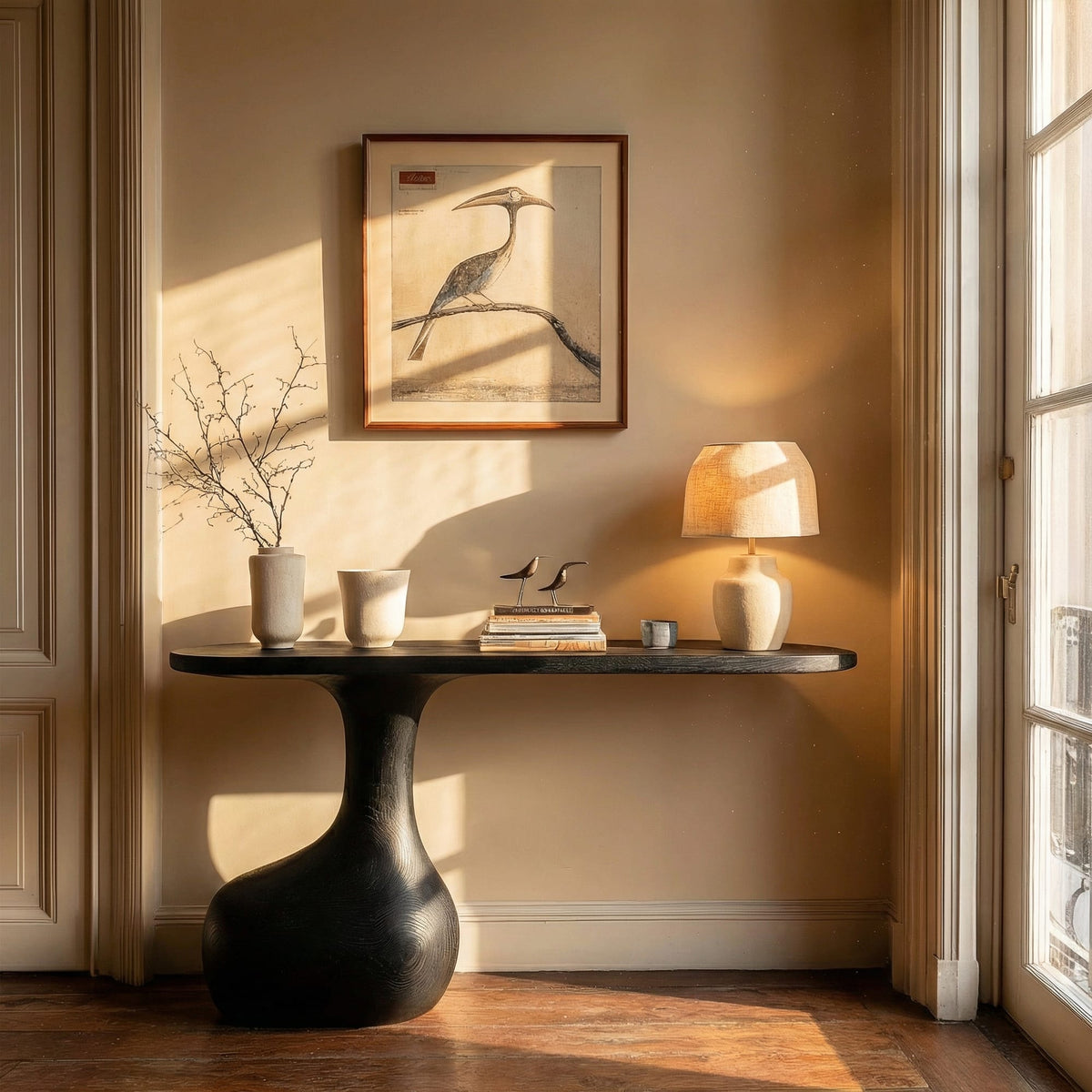 Minimalist Pedestal Console Table Entryway Hallway Living Room, solid wood, built to order