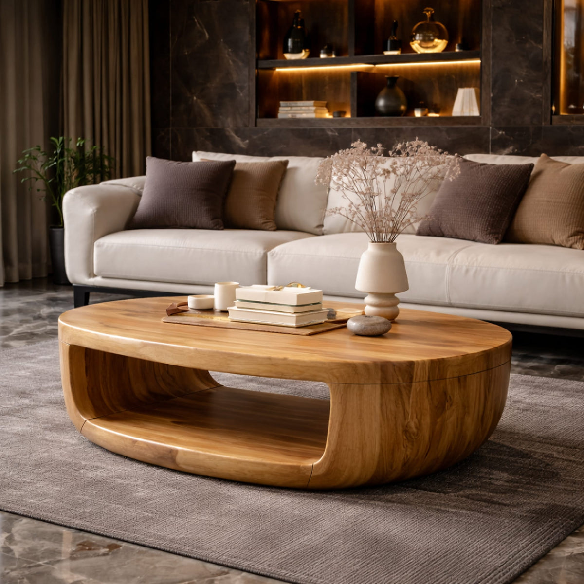 Curved Shell Solid Coffee Table Calm Living Room Interior, solid wood, built to order
