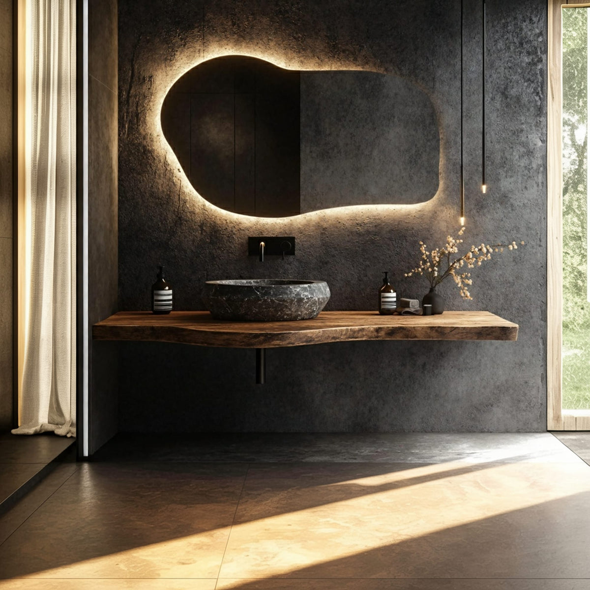 Organic Live Edge Bathroom Vanity Floating Counter Wood Shelf, solid wood, built to order