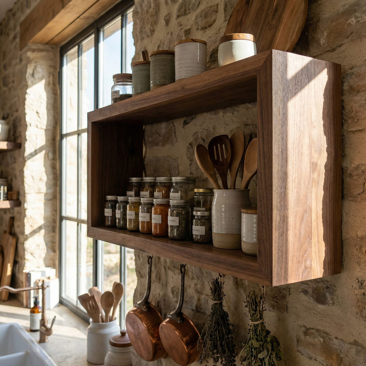 Rustic Box Style Kitchen Wall Shelf Display Unit, solid wood, built to order