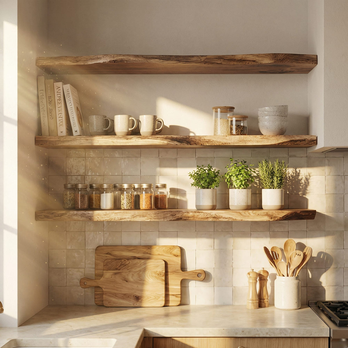 Modern Kitchen Wall Shelving Open Storage Rack, solid wood, built to order
