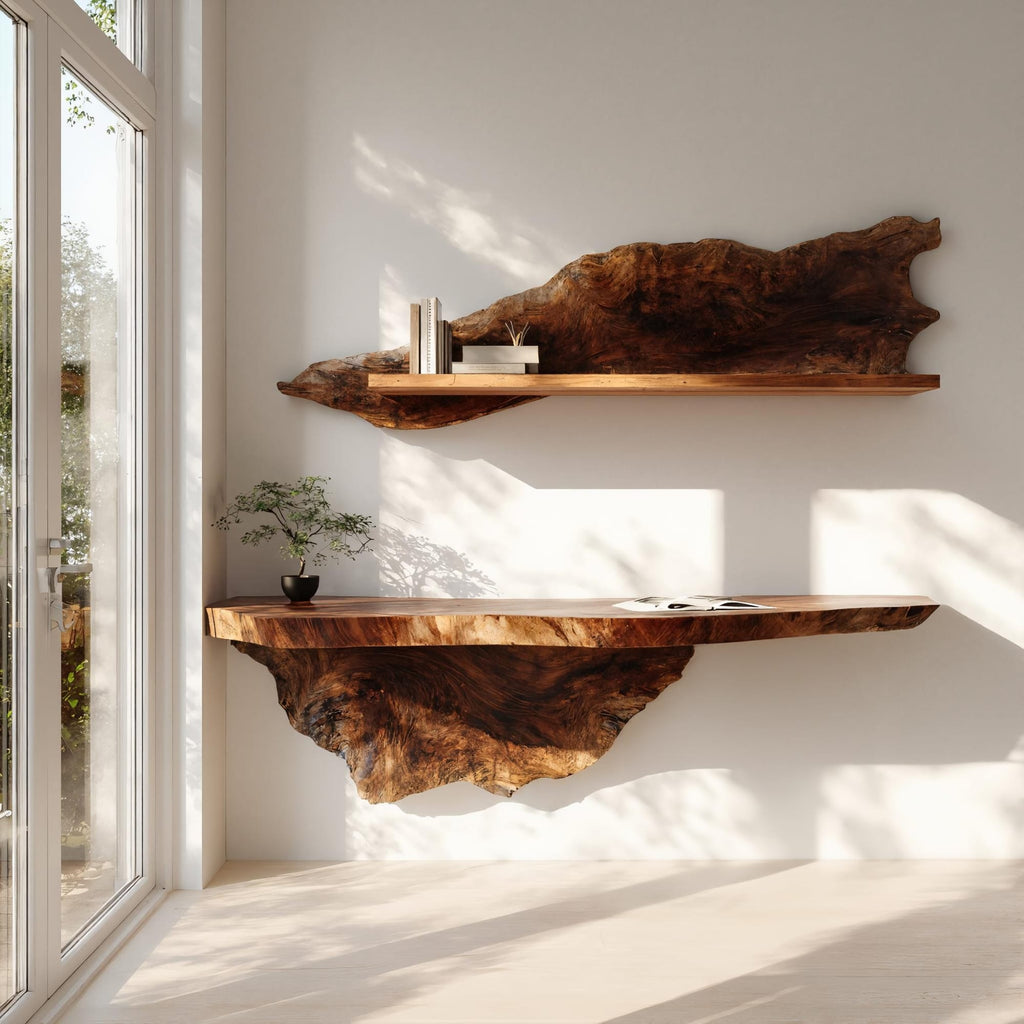Organic Live Edge Solid Floating Desk Workspace Interior, solid wood, built to order