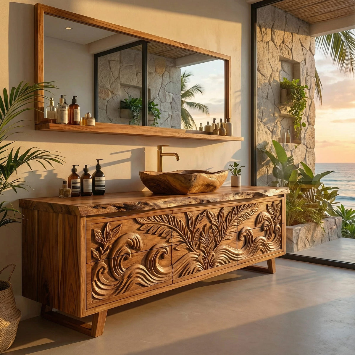 Tropical Hand Carved Solid Bathroom Vanity Statement Cabinet, solid wood, built to order