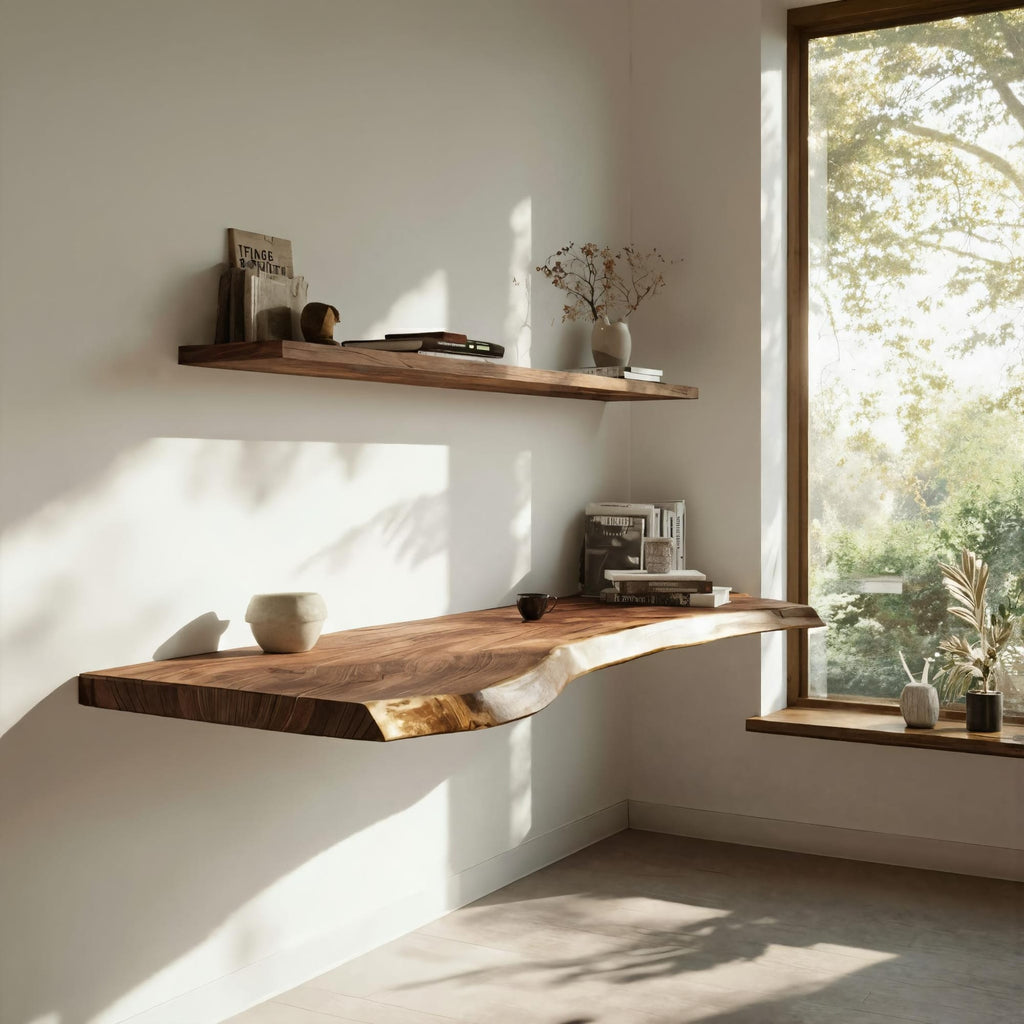 Handcrafted Live Edge Floating Work Desk Corner Workspace, solid wood, built to order