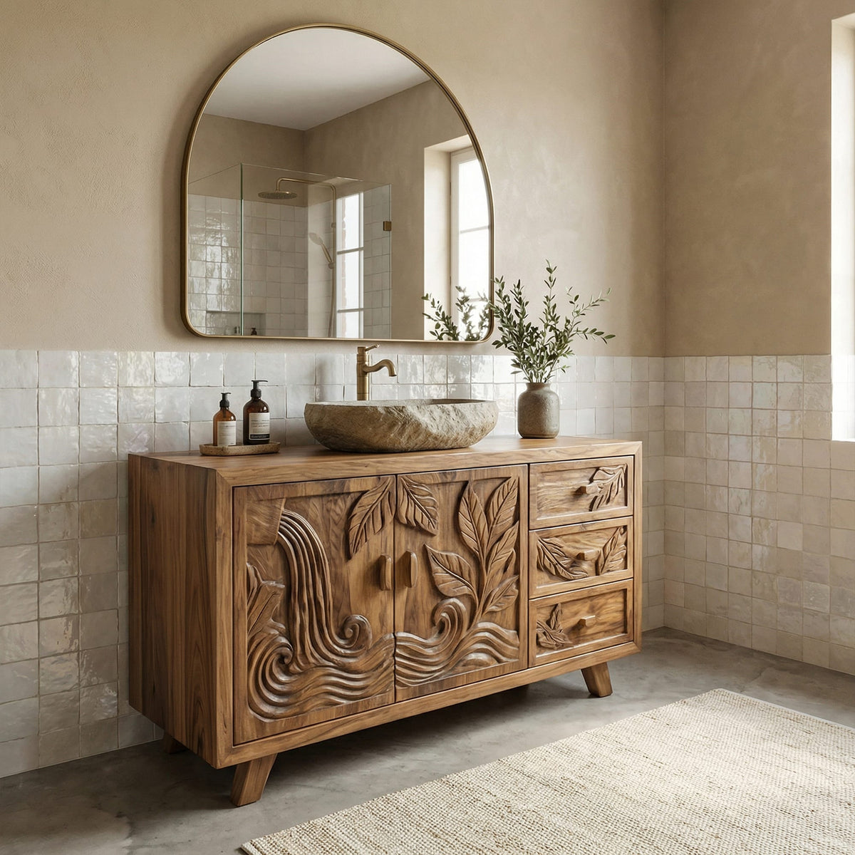 Bohemian Solid Bathroom Vanity Leaf Carved Storage Cabinet, solid wood, built to order