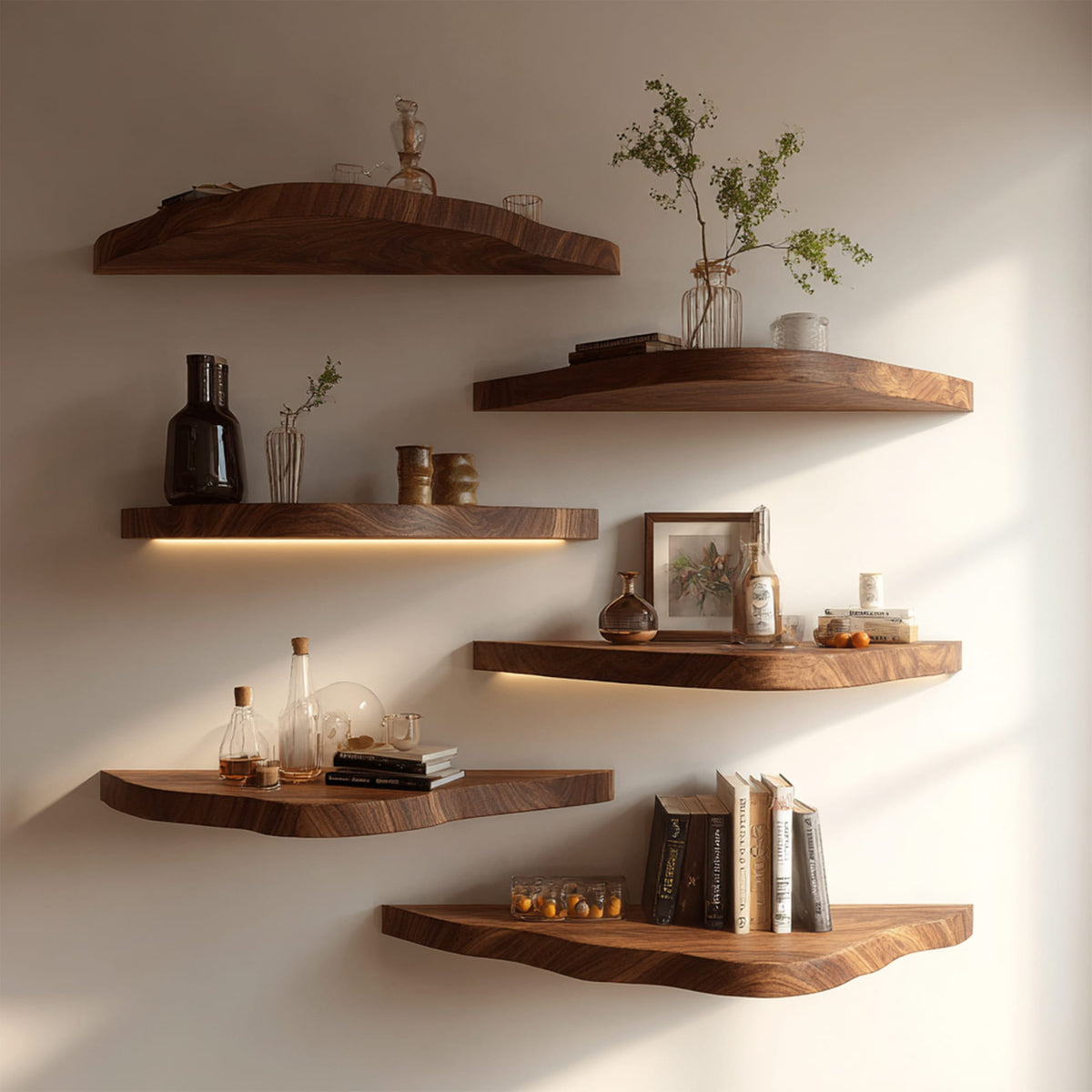 Asymmetrical Solid Floating Shelves Organic Wall Display Interior Decor, solid wood, built to order