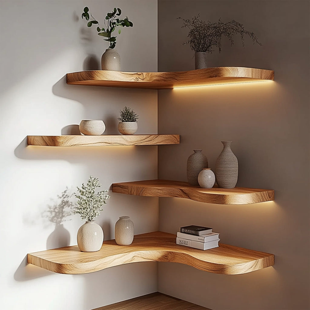 Corner Solid Floating Shelves Organic Layered Wall Display Interior Decor, solid wood, built to order