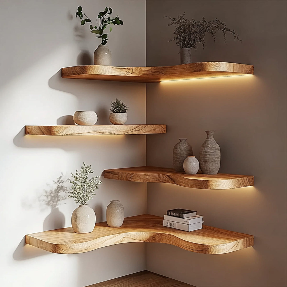 Corner Solid Floating Shelves Organic Layered Wall Display Interior Decor, solid wood, built to order