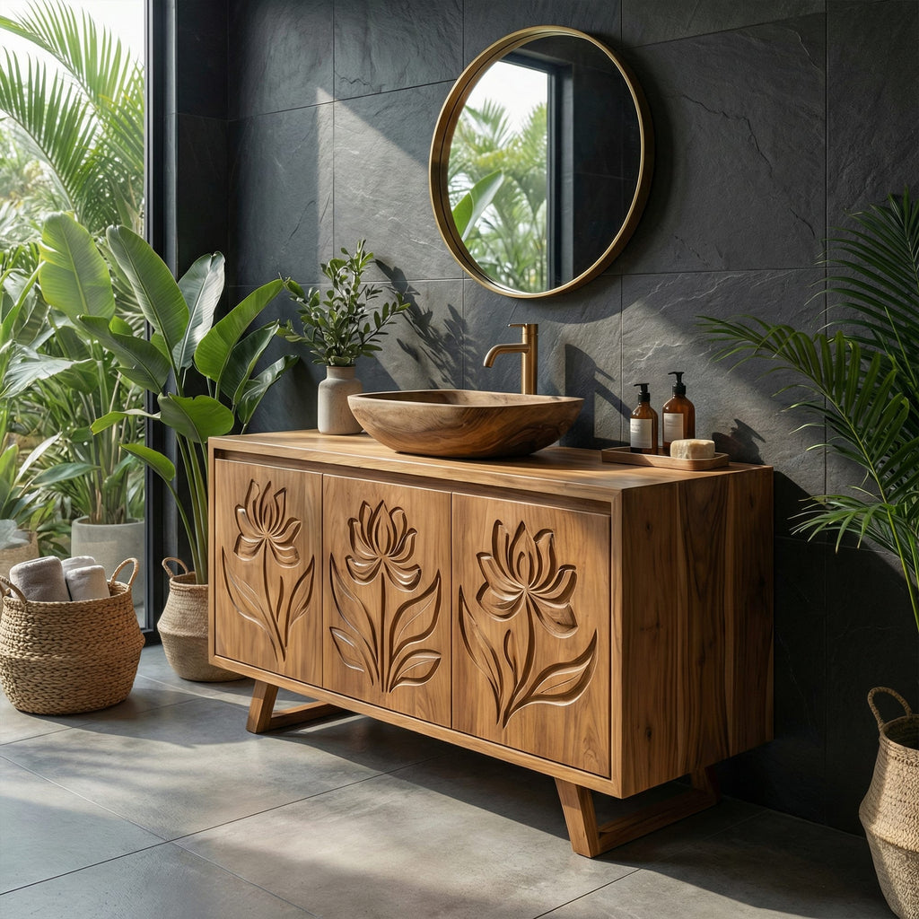 Tropical Floral Carved Solid Bathroom Vanity Freestanding Cabinet, solid wood, built to order