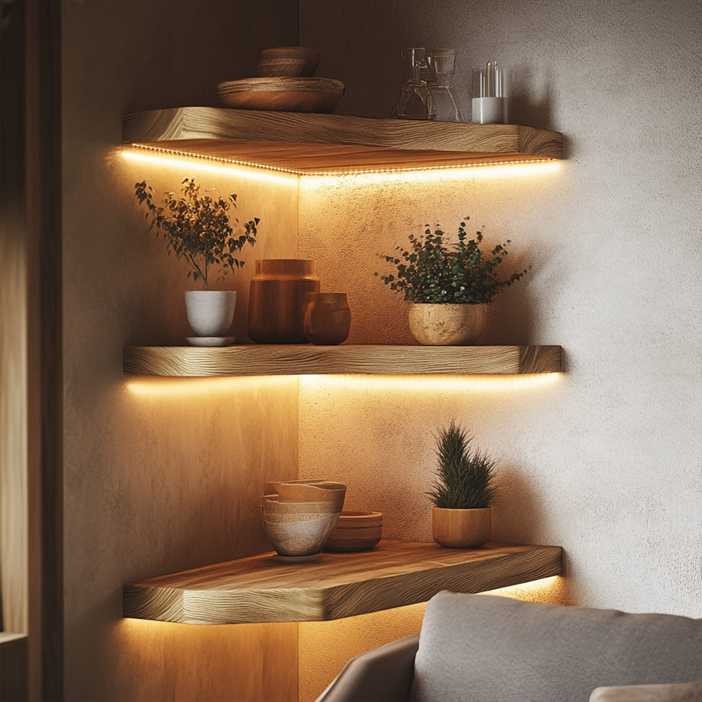 Layered Solid Corner Wall Shelves Warm Minimal Interior Style, solid wood, built to order