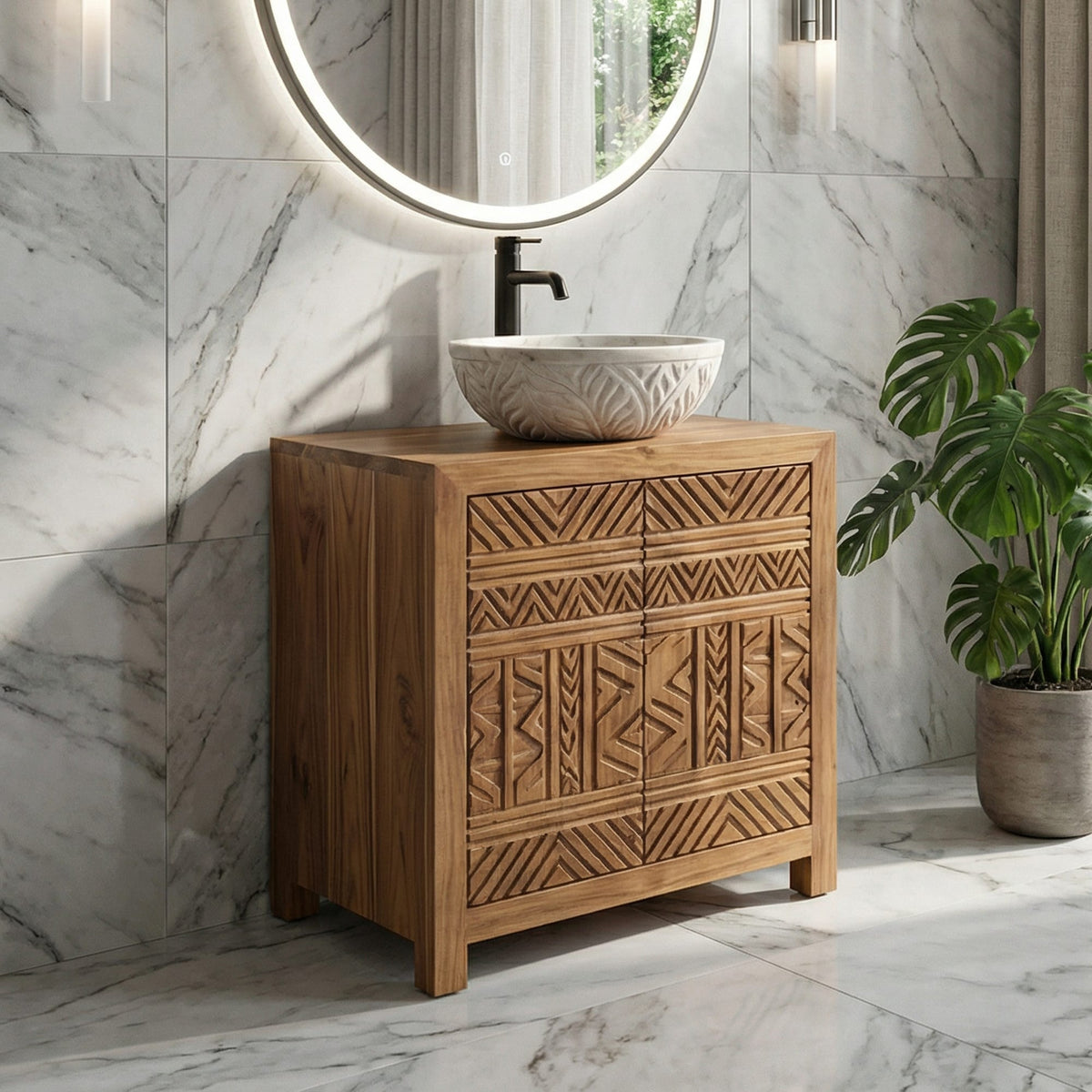 Tribal Geometric Solid Bathroom Vanity Compact Storage Cabinet, solid wood, built to order