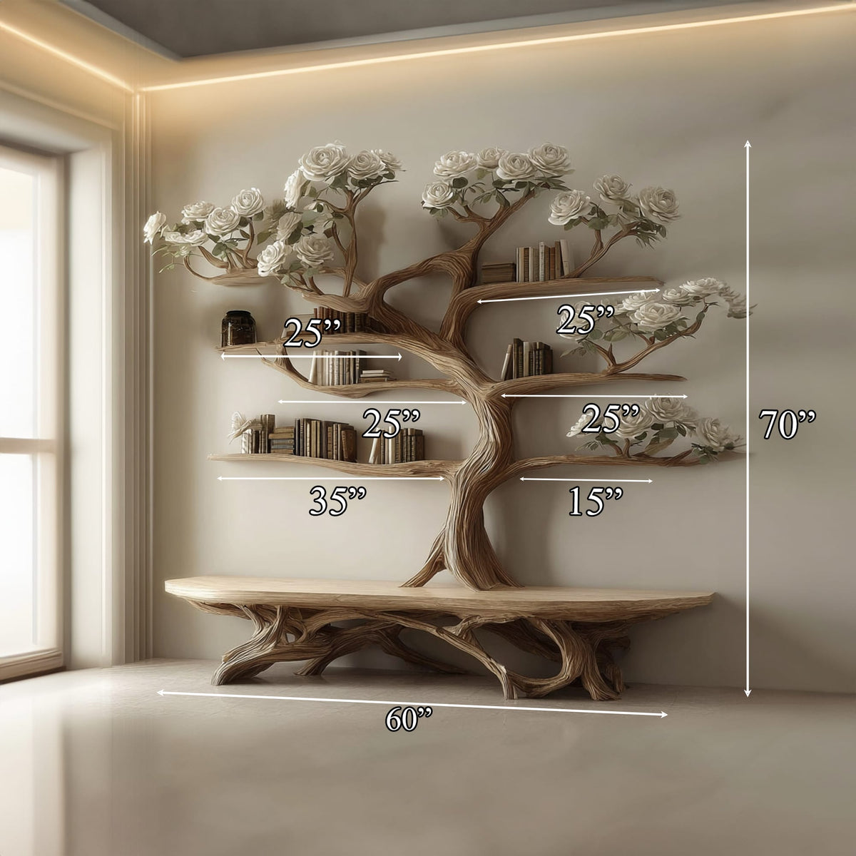 Rustic Tree Shelf Study Room, solid wood, built to order