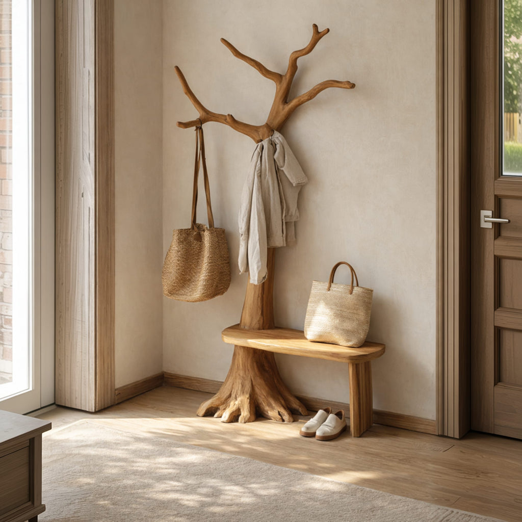 Rustic Tree Coat Stand Bench Entryway Interior Signature Furniture, solid wood, built to order